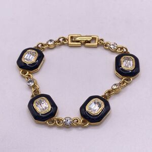 Vintage Monet Bracelet Gold tone Black enamel Clear Crystal Art Deco Geometric